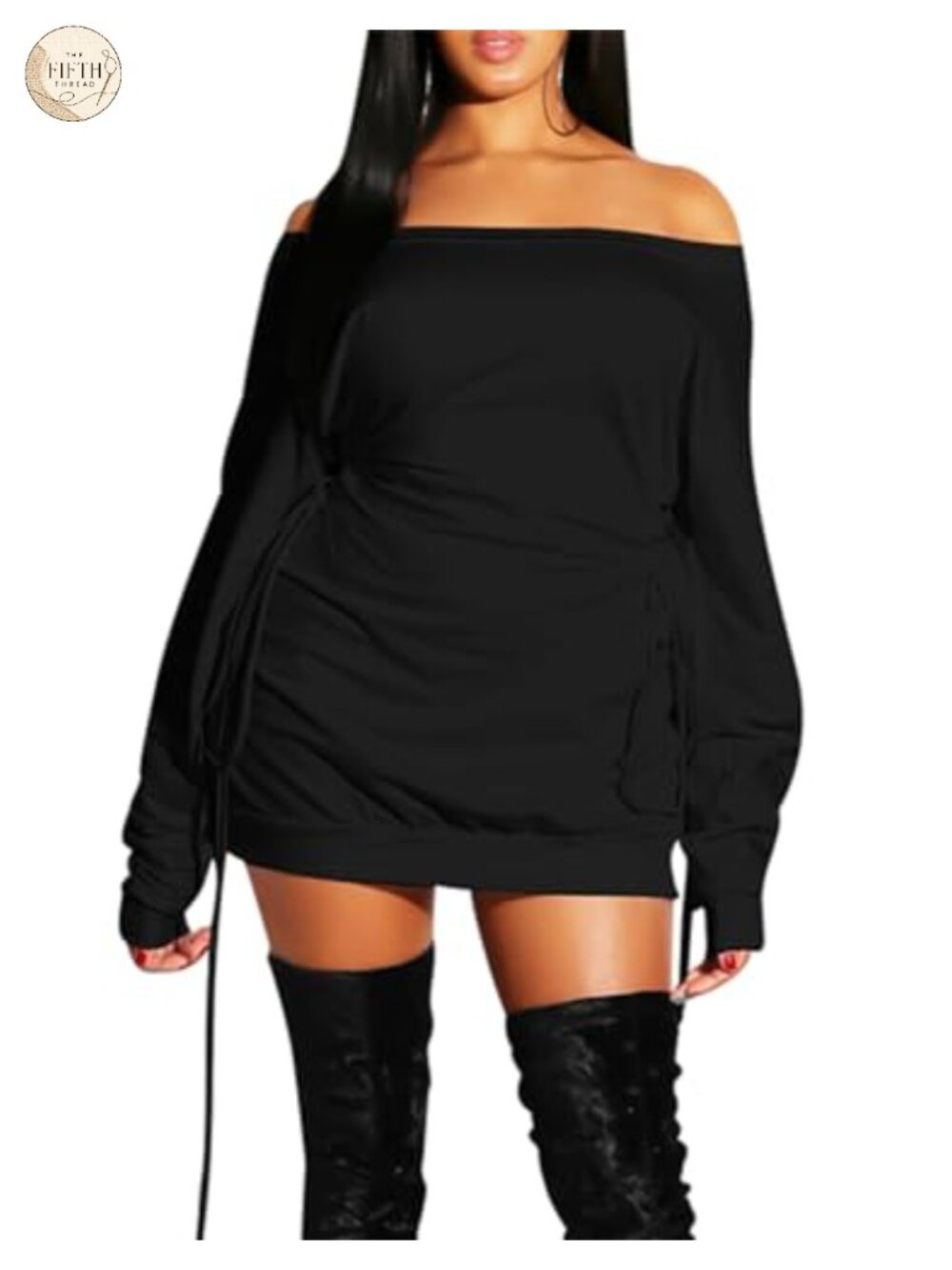 Off Shoulder Long Sleeve Loose Mini Club Dress with Drawstring Waist